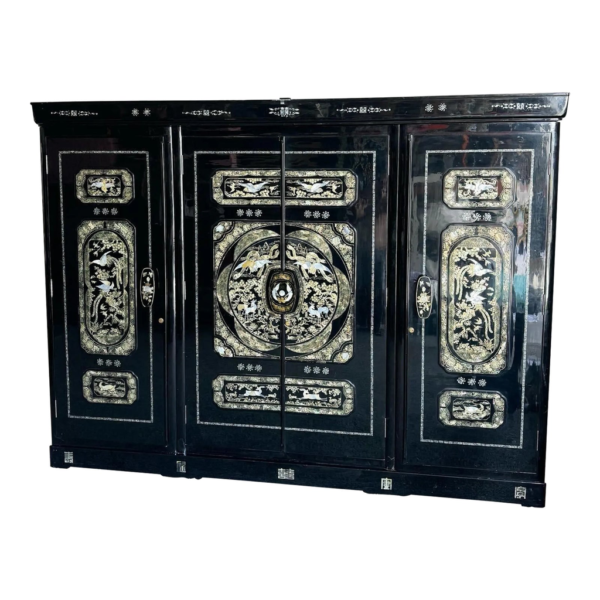 Vintage Asian Lacquered Armoire with Intricate Inlay Design