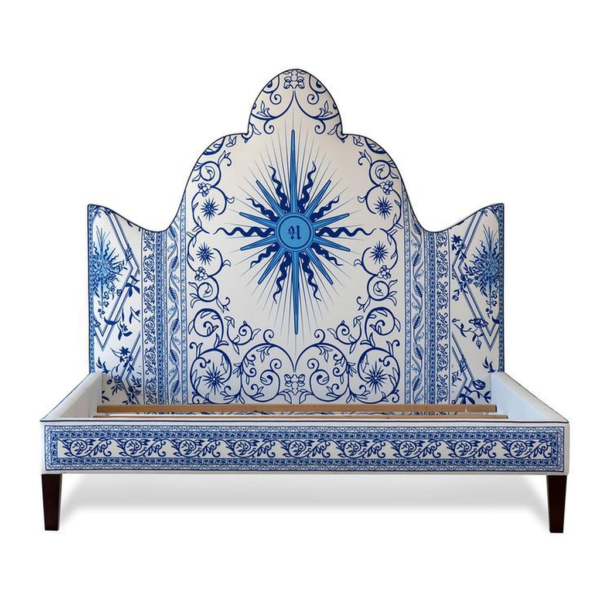 Vintage Bed with Blue and White Pattern