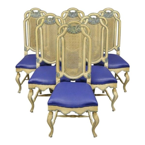 Vintage Beige Wood Cane Back Dining Chair with Blue Cushion