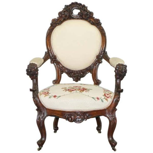 Vintage Carved Wood Armchair Sofa with Floral Upholstery