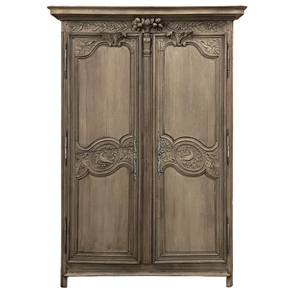 Vintage Gray Carved Wood Armoire with Elegant Storage Design