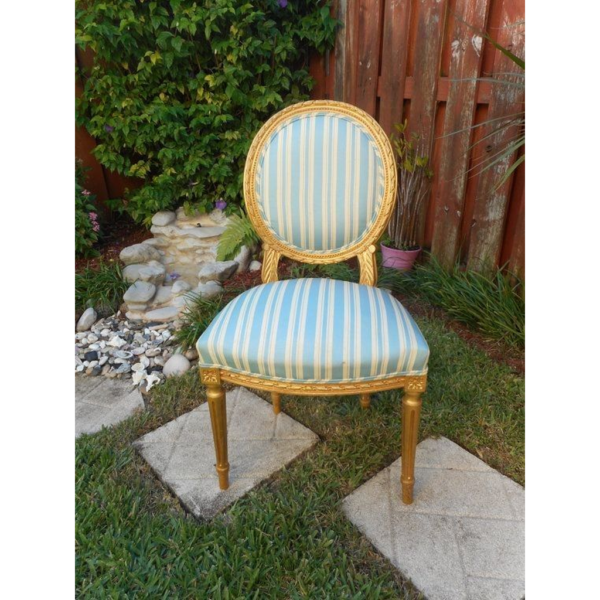 Vintage Dining Chair Gold Frame Blue and White Striped Seat