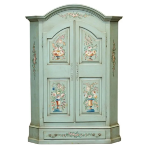 Vintage floral painted armoire, light blue wooden wardrobe, antique style floral cabinet