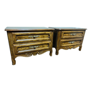 Vintage French bedside table with carved wood details
