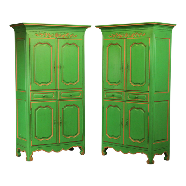 Vintage Green Wooden Armoire with Orange Trim Details
