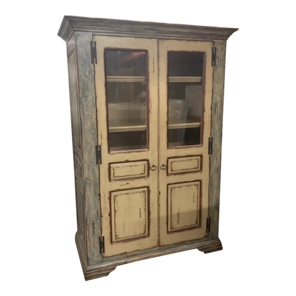 Vintage Style Beige and Blue Armoire with Glass Door