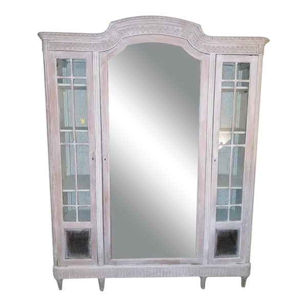Vintage Style White Wood Armoire with Mirror and Glass Cabinets