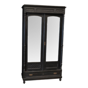 Vintage Black Wood Armoire with Mirrored Doors
