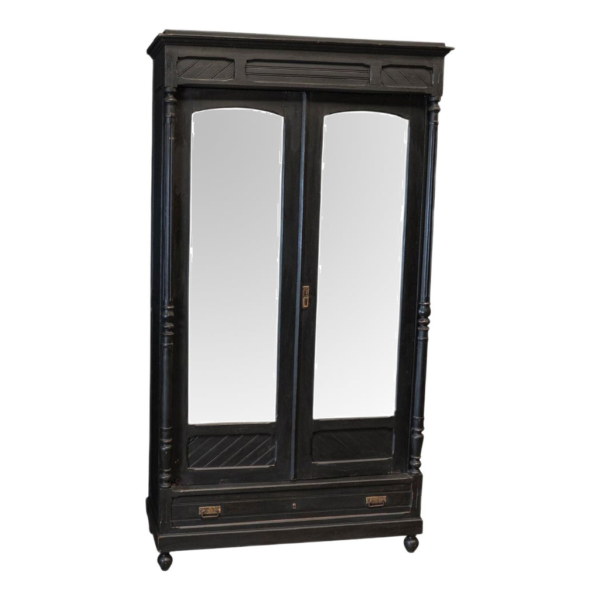 Vintage Black Wood Armoire with Mirrored Doors