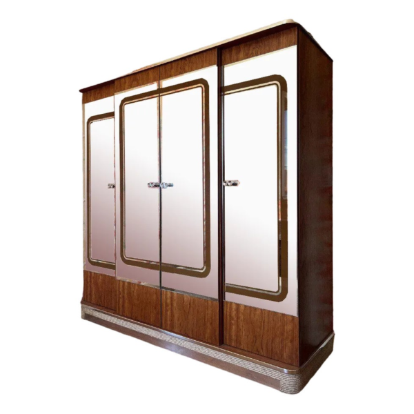 Vintage wooden wardrobe with three doors, brown finish, ample storage space.