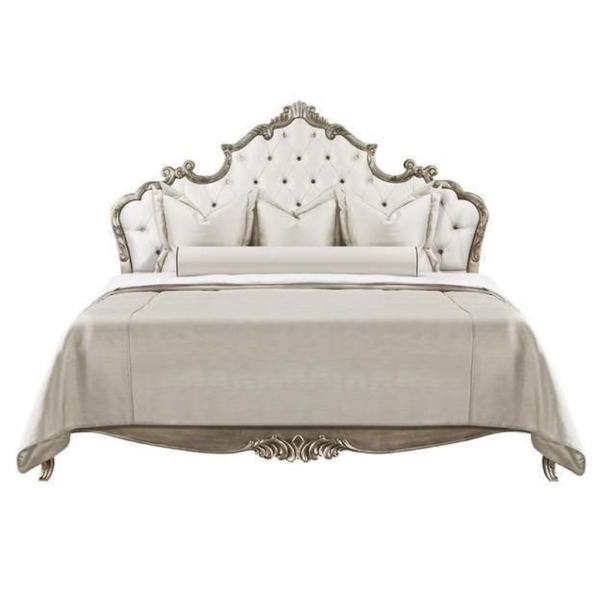 Vintage White Faux Leather Bed with Silver Details