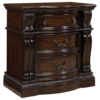 Vintage bedside table with dark wood finish and carved details