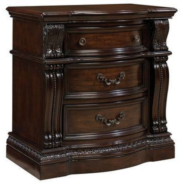 Vintage bedside table with dark wood finish and carved details