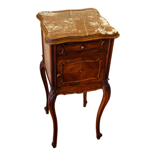 Vintage bedside table with marble top, wooden bedside table