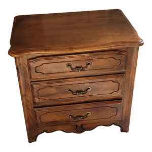 Vintage bedside table with three drawers, brown wood, classic design