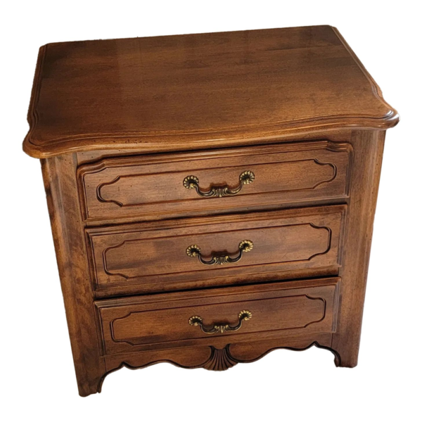 Vintage bedside table with three drawers, brown wood, classic design