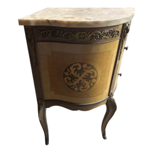Vintage beige and brown bedside table with marble top and wood inlay