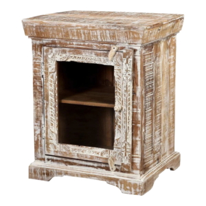 Vintage brown and white wooden bedside table with glass door