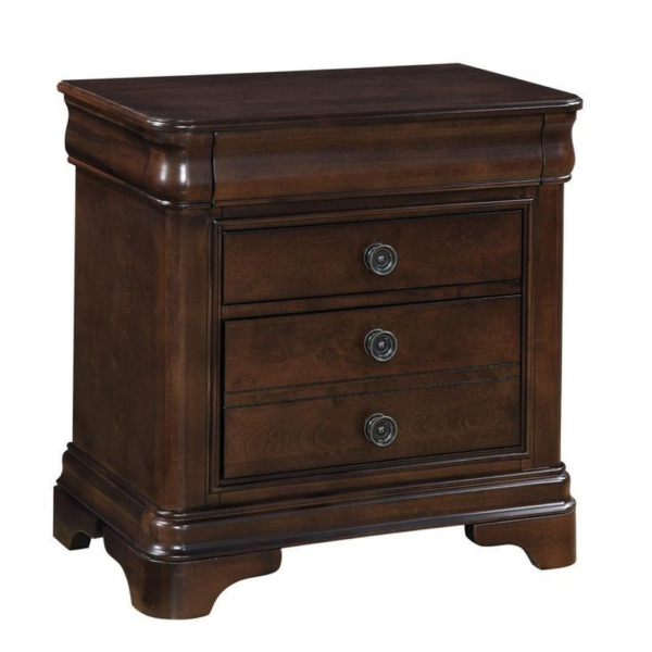 Vintage brown wood nightstand with three drawers