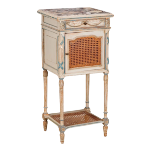 Vintage cream nightstand with rattan door and blue accents, Daabadi Furniture supplier