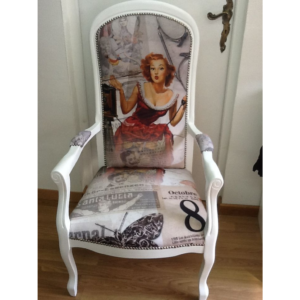 Vintage white wood dining chair with patterned fabric