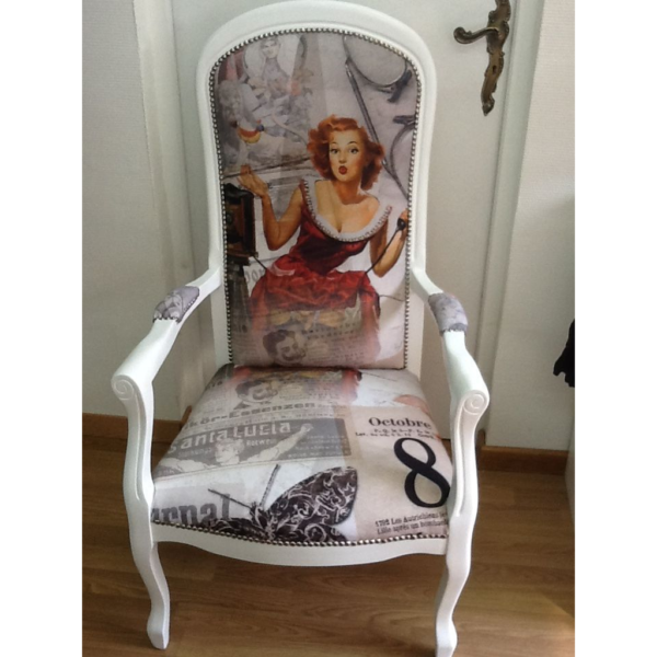 Vintage white wood dining chair with patterned fabric