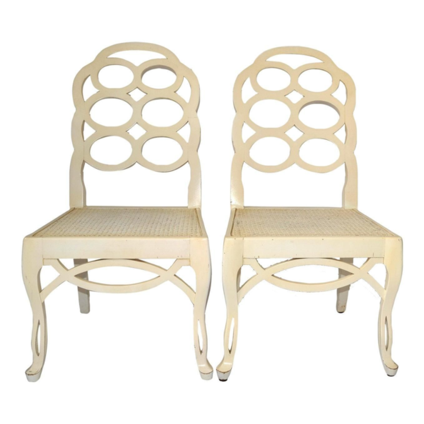 White Mid-Century Modern Dining Chair with Cane Seat and Decorative Back